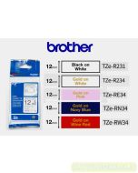 Contoh gambar Brother TZE-RE34 Gold on Pink Ribbon Tape 12mm P-touch Tape dan gambar stationery merk Brother (tape)