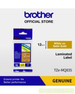 Brosur gambar perlengkapan kantor Brother TZE-MQ835 White on Satin Gold 12mm P-touch Tape