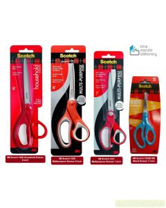 Toko alat tulis kantor dan sekolah jual gunting 3M type Scotch 1408 Household Scissor 8 inch, Scotch 1427 Multipurpose Scissor 7 inch, Scotch 1428 Multipurpose Scissor 8 inch, Scotch 1442B KID Blund Scissor 5 inch
